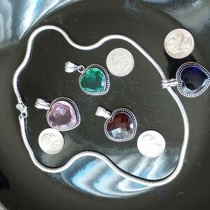 925 Sterling Silver-(20" L x 4mm W)/ Necklace w/ FOUR  Gem HEART Pendants BUNDLE